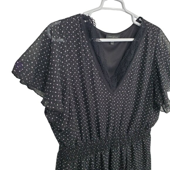 Lane Bryant 26 28 Dress Chiffon Polka Dot Maxi Flutter Sleeve Smocked Waist Lace - Picture 5 of 14